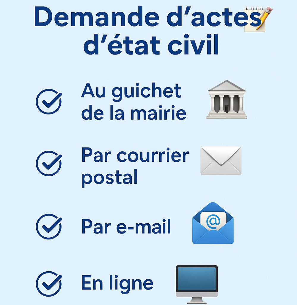 ✅ Les actes d’état civil peuvent être demandés en mairie, par courrier, par courriel ou en ligne